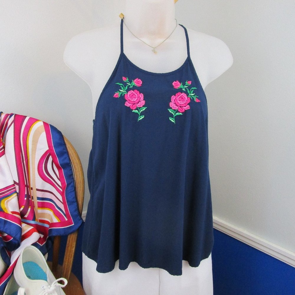 👚HP👚 Navy Blue Racer Back Embroidered Swing Tank